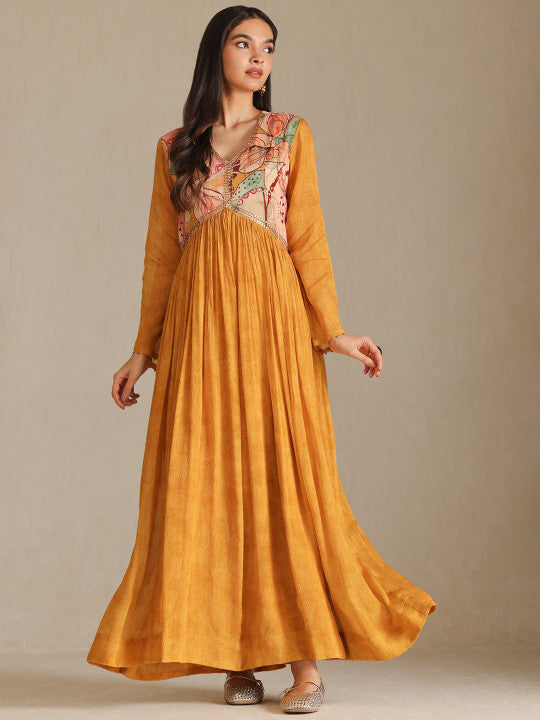 Printed Beaded Empire Waist Maxi Ethnic Dress