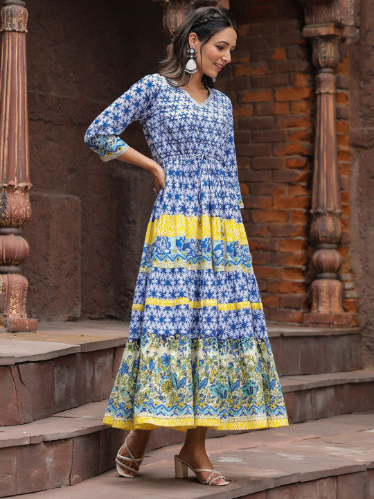 Floral Printed V-Neck Three-Quarter Sleeves Pure Cotton Ethnic Dress