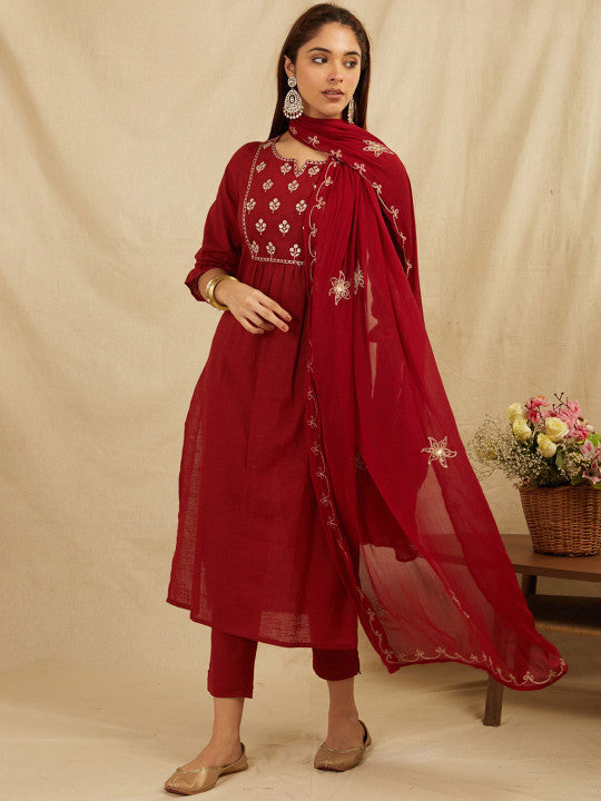 Bada Boota Floral Yoke Design Sequinned Pure Cotton A-Line Kurta With Trousers & Dupatta