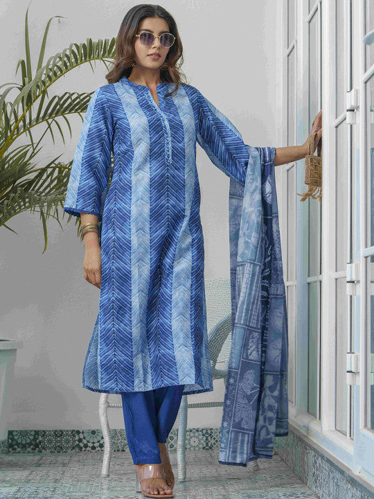 House of Pataudi Geometric Printed Straight Kurta Trousers With Dupatta