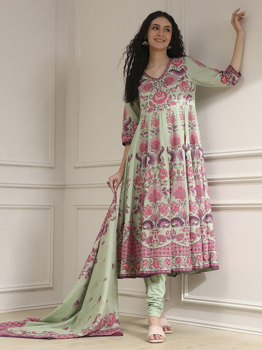 Biba Floral Printed V-Neck Pure Cotton A-Line Kurta Trousers & With Dupatta
