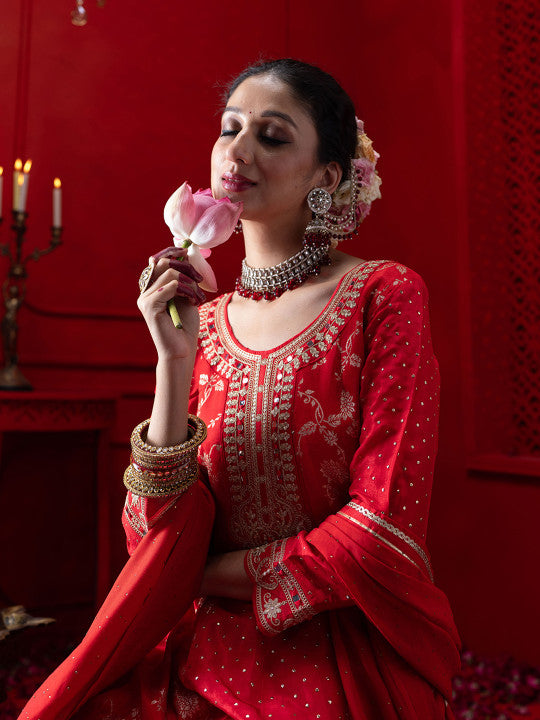 CHHAAP Floral Embroidered Panelled Anarkali Kurta with Trousers & Dupatta