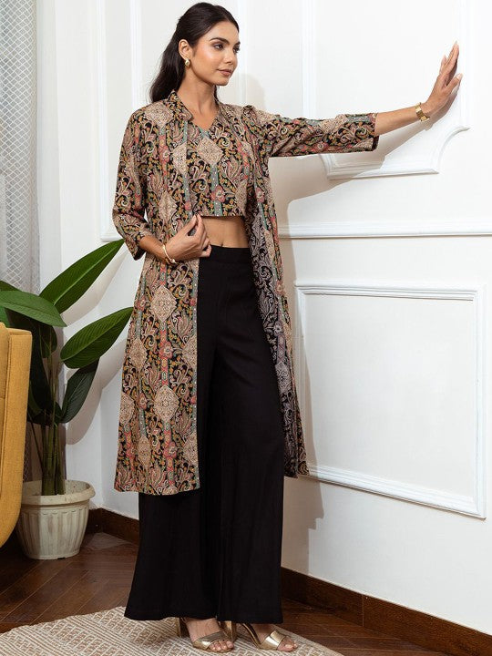 Claura Black Floral Printed V-Neck Top with Shrug & Trousers