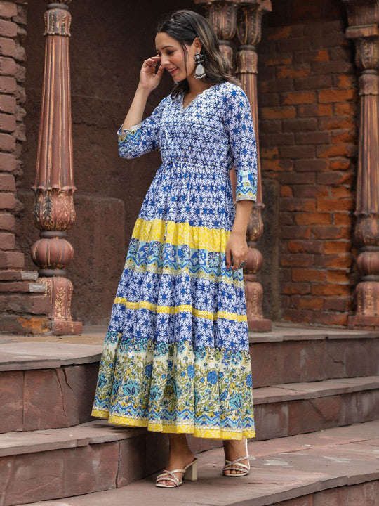 Floral Printed V-Neck Three-Quarter Sleeves Pure Cotton Ethnic Dress