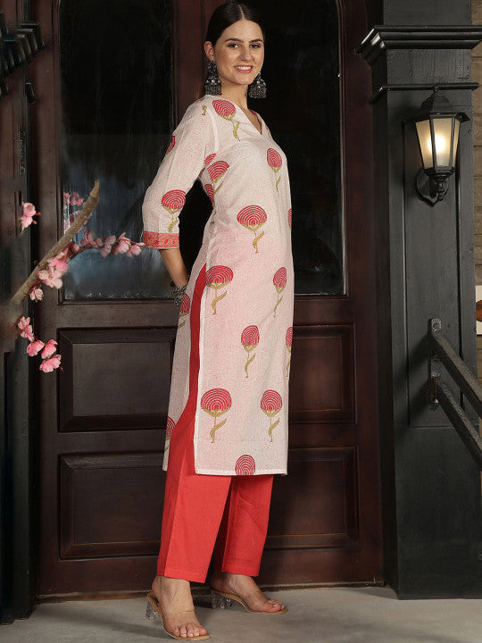Taavi Women Floral Hand Block Print Cotton Straight Kurta with Trousers & Dupatta