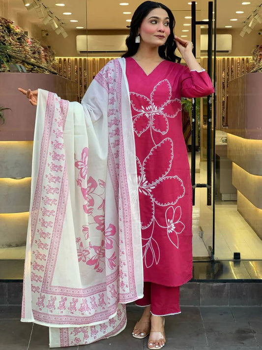 ATOXIC Women Floral Printed Regular Chanderi Cotton Kurta with Trousers & With Dupatta
