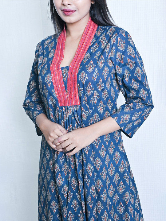 Earthwear Floral Printed V-Neck Pure Cotton A-Line Ethnic Dress