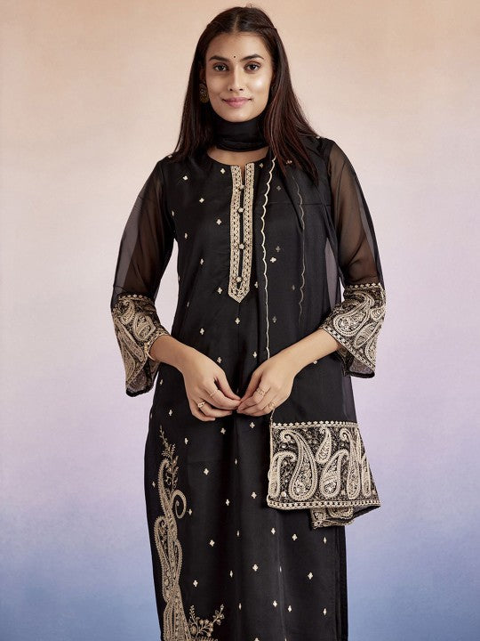 Jaipur Kurti Paisley Embroidered Round Neck Straight Kurta With Palazzos & Dupatta