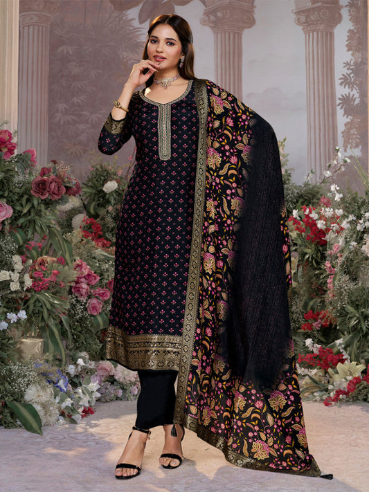Floral Printed Thread Work Pure Silk Straight Kurta With Trousers & Dupatta
