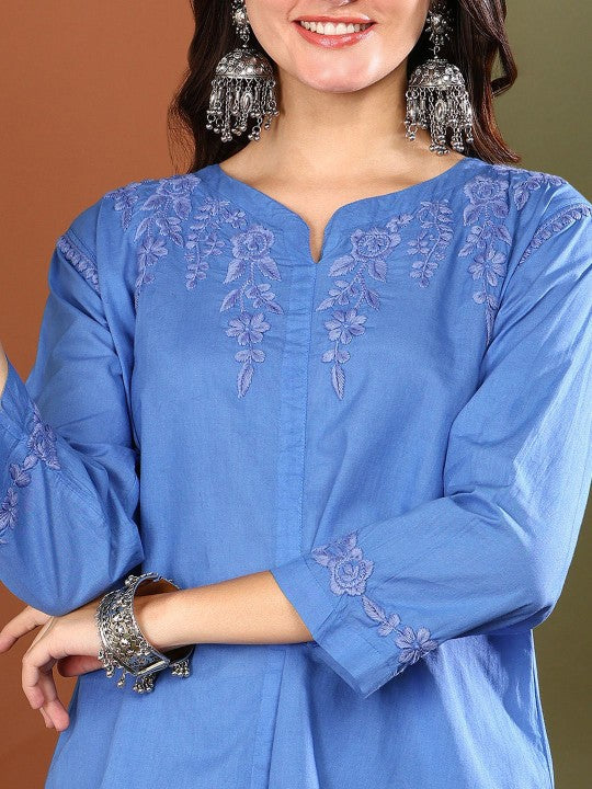 VAHSON Floral Embroidered Notch Neck Pure Cotton Tunic With Trousers