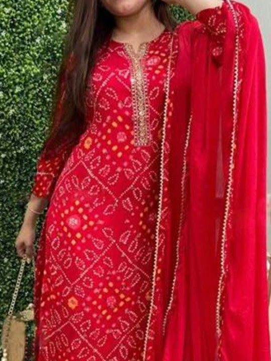 hirangana Bandhani Printed Gotta Patti Notch Neck Straight Kurta With Trousers & Dupatta