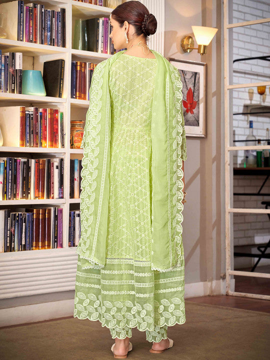 House of Pataudi Embroidered Chikankari Kurta with Trousers & Embroidered Dupatta