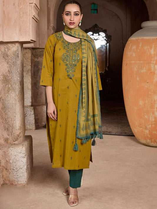 WOMEN PLUS Women Ethnic Motifs Embroidered Cotton Kurta with Trousers & Dupatta