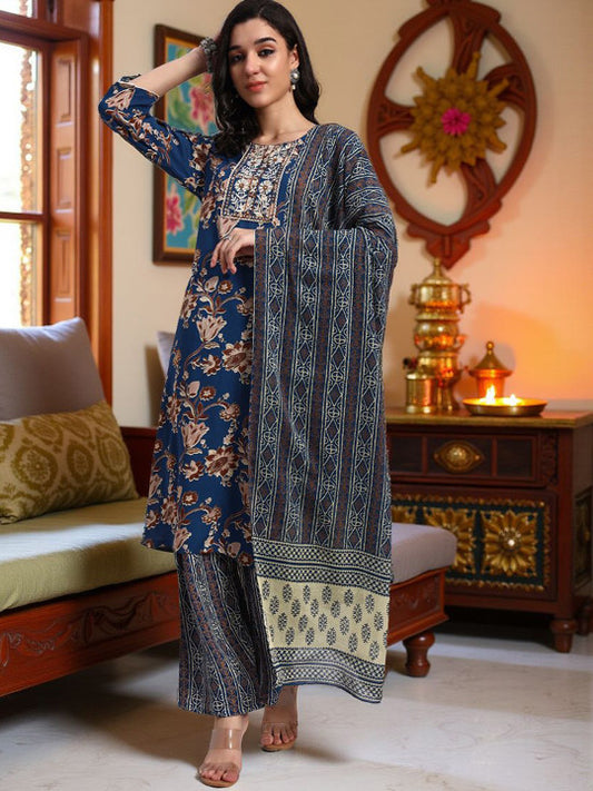 Floral Printed Round Mirror Work Straight Kurta With Trousers & Dupatta