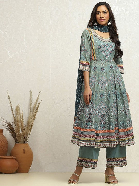 Biba Ethnic Motifs Printed Pure Cotton Anarkali Kurta With Palazzos & Dupatta