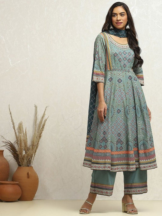 Biba Ethnic Motifs Printed Pure Cotton Anarkali Kurta With Palazzos & Dupatta