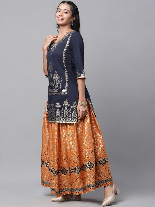AURELIA Women Printed Pure Cotton Kurta with Skirt & With Dupatta