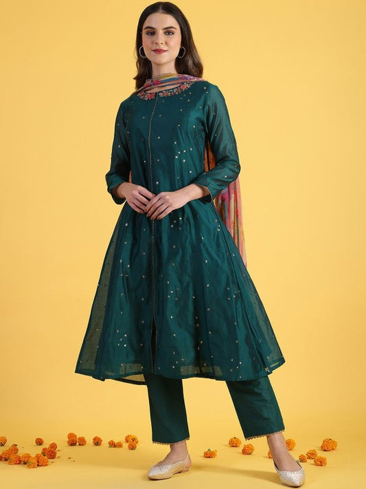 W Green Ethnic Motifs Embroidered Notch Neck A-Line Kurta