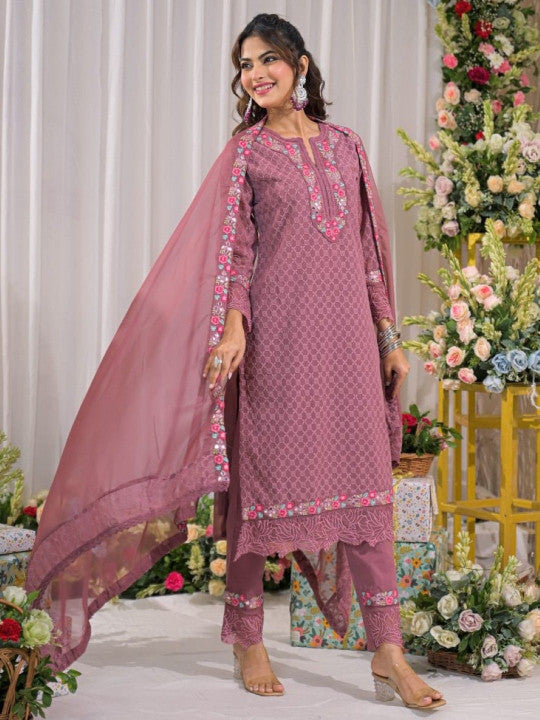 AUTUMN LANE Women Floral Embroidered Thread Work Pure Cotton Kurta with Trouser & Dupatta
