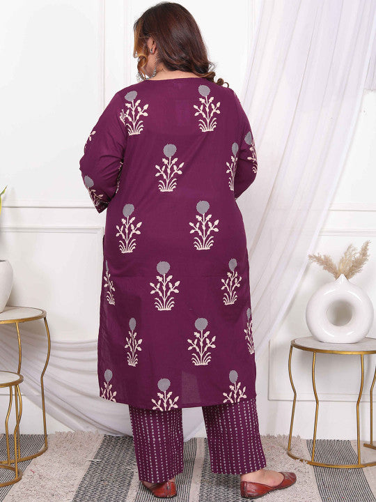 Doriyaan Plus Size Floral Printed V-Neck Pure Cotton Kurta With Palazzos And Dupatta