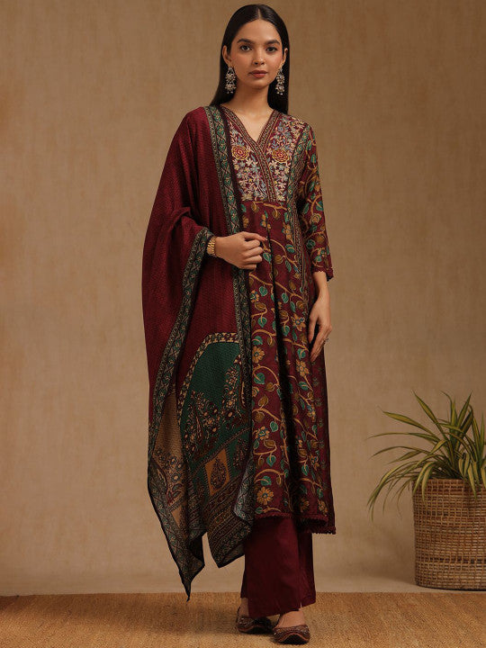 Floral Printed V-Neck Thread Work Kurta With Palazzos & Dupatta