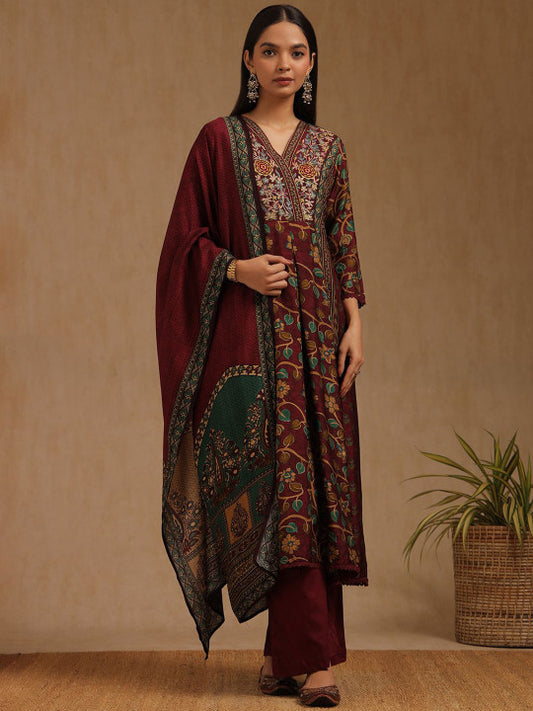 Floral Printed V-Neck Thread Work Kurta With Palazzos & Dupatta
