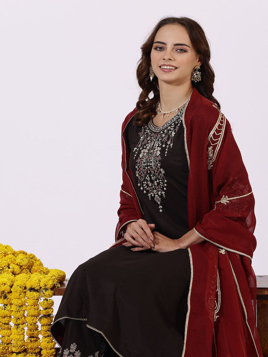 W Floral Embroidered Zari A-line Kurta With Trouser And Dupatta