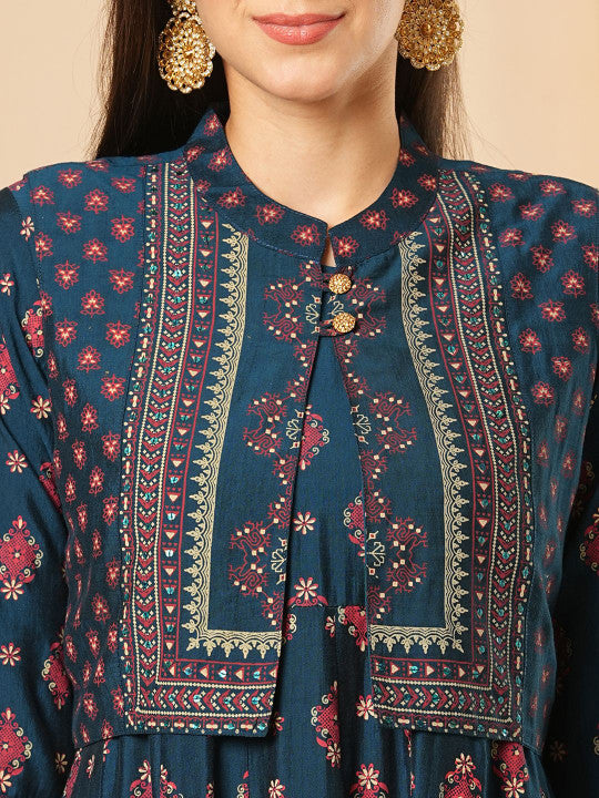 Globus A-Line Ethnic Motifs Printed Midi Ethnic Dress With Sleeveless Detachable Shrug