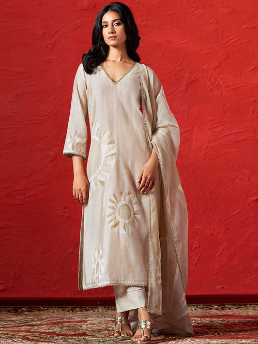 Ganga Women Regular Chanderi Silk Kurta with Palazzos & With Dupatta