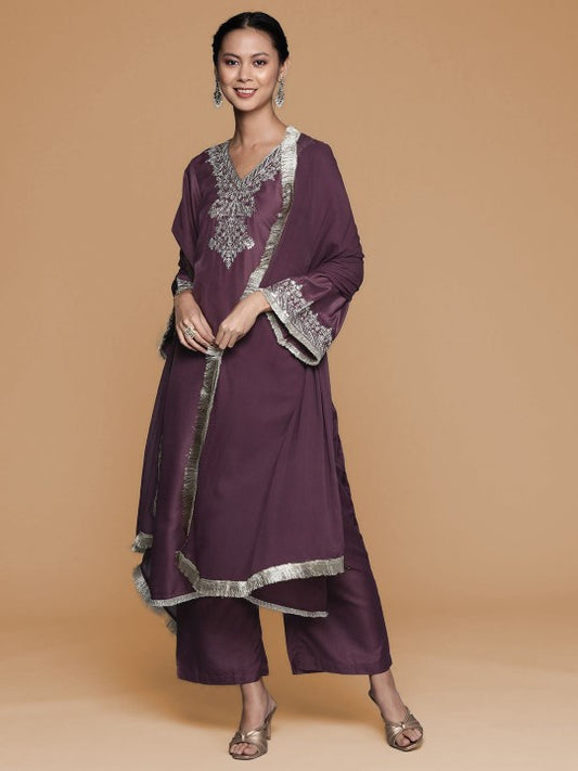 House of Pataudi Floral Yoke Design V Neck Zari Straight Kurta