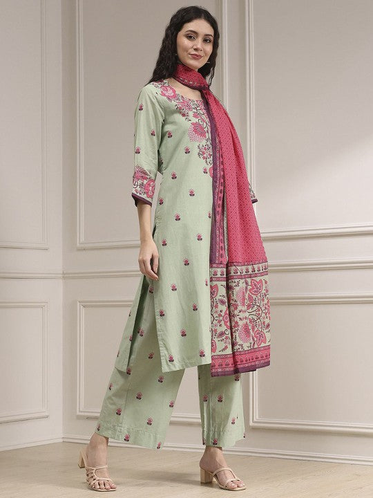 Biba Floral Printed Round Neck Pure Cotton Straight Kurta With Palazzos & Dupatta
