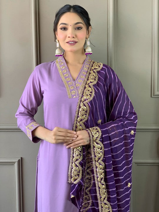 Embroidered V Neck Chanderi Silk Kurta With Trousers & Dupatta