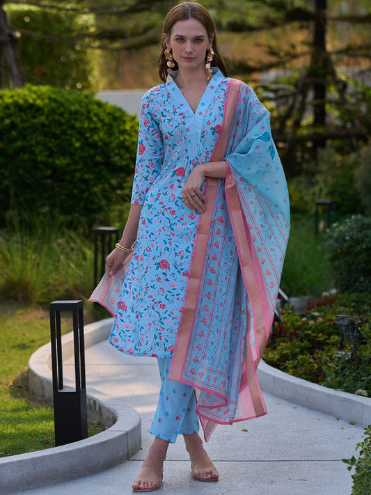 THE52 Floral Printed V-Neck Pure Cotton Straight Kurta With Trousers & Dupatta