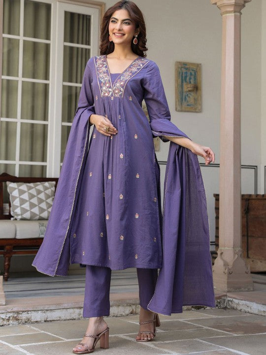 Women Floral Embroidered Pleated Sequinned Pure Cotton Kurta