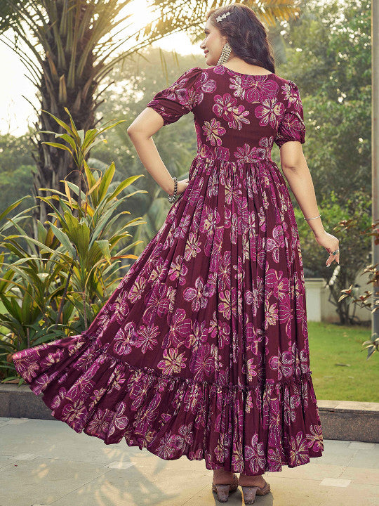 CHANSI Floral Printed Pleated Flared Maxi Dress
