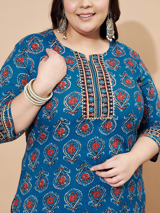 Vbuyz Blue Floral Printed Round Neck Regular Straight Kurta With Trouser With Dupatta