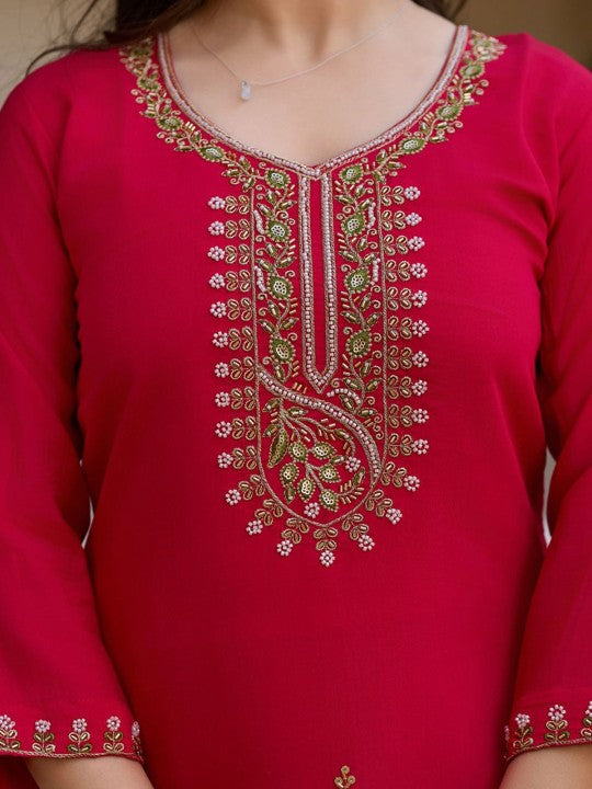 DEVATITHI Women Pink Viscose Chanderi Kurti Pant Dupatta
