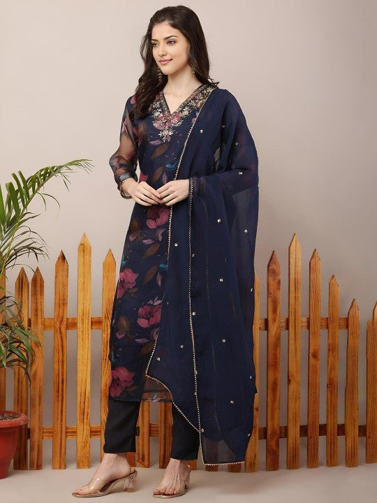 Amodra Floral Printed Beads and Stones Organza Kurta