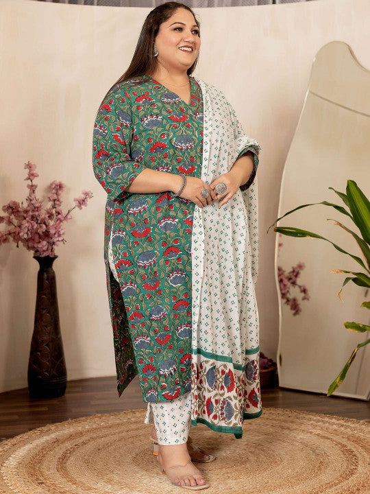 Floral Printed V-Neck Pure Cotton Kurta With Trousers And Dupatta