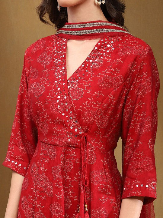 Biba Floral Printed V-Neck Angrakha Mirror Work Anarkali Kurta