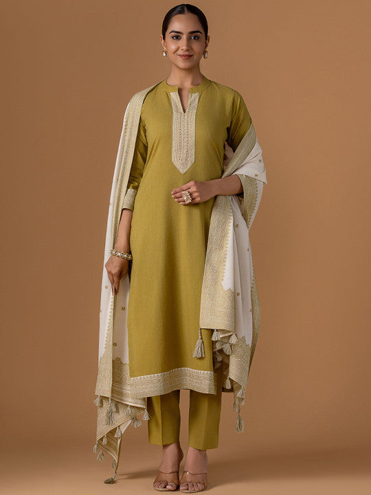 WOMEN PLUS Women Embroidered Thread Work Pure Cotton Kurta with Trousers & With Dupatta