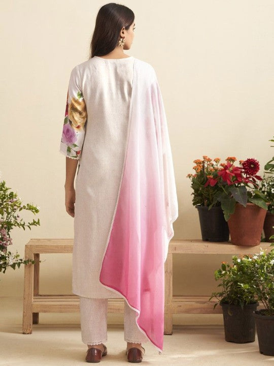 AUTUMN LANE Lisba Lily Floral Printed Pure Cotton Straight Kurta With Trouser & Dupatta