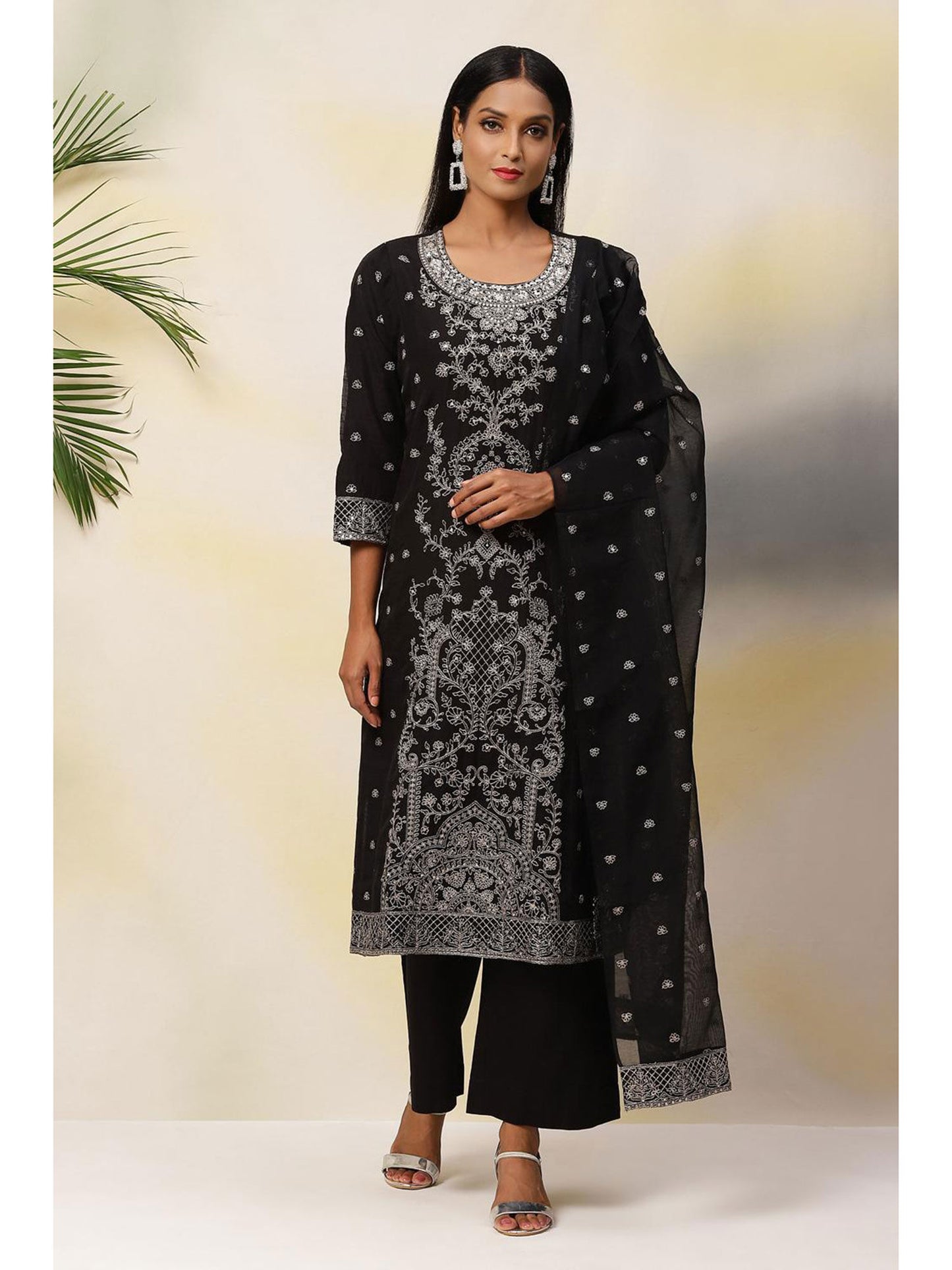 Black Art Silk Straight Suit (Set of 3)