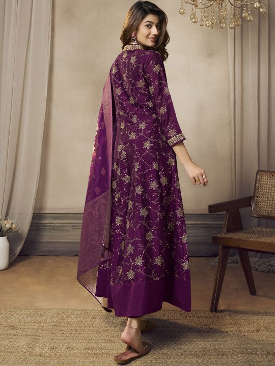 all about you Purple Floral Embroidered V-Neck Anarkali Kurta