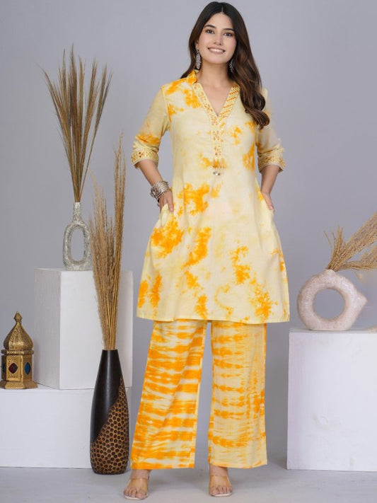 AUTUMN LANE Tie And Dyed V-Neck Pure Cotton Tunic With Trousers