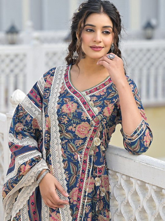 all about you Floral Printed Angrakha Pure Cotton Anarkali Kurta with Trousers & Dupatta