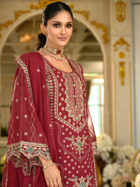 Indo Era Ethnic Motifs Embroidered Zari Organza Straight Kurta & Trousers With Dupatta