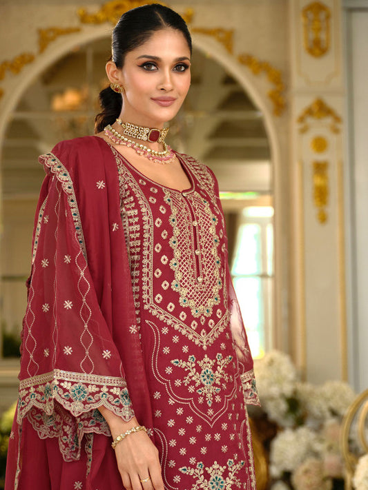 Indo Era Ethnic Motifs Embroidered Zari Organza Straight Kurta & Trousers With Dupatta