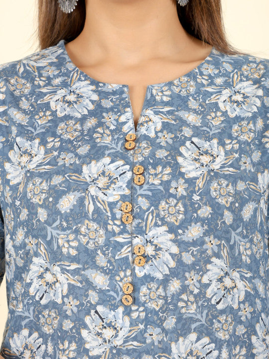 Aramya Floral Printed Notch Neck Pure Cotton A-Line Kurta With Trousers  & Dupatta