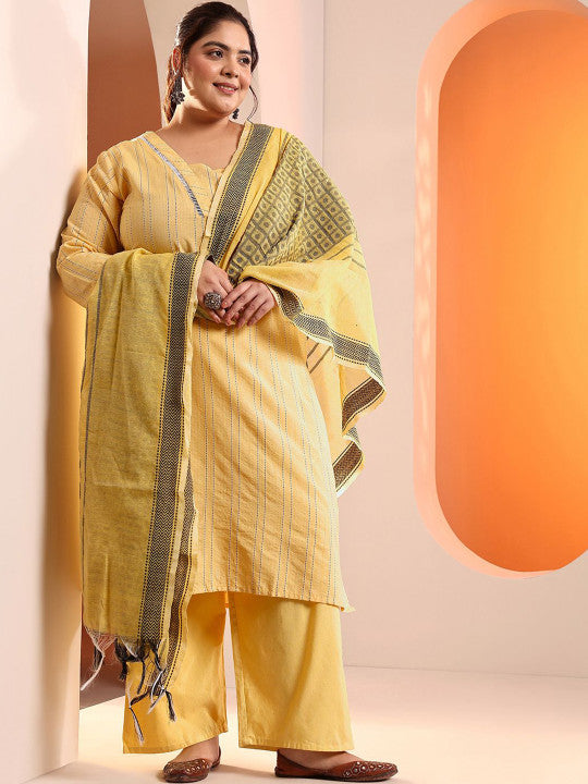 EXTRA LOVE BY LIBAS Women Plus Size Striped Woven Design Kurta with Palazzos & Dupatta